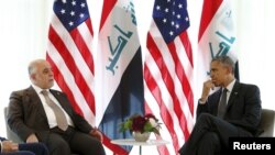 دیدار باراک اوباما رئیس جمهوری ایالات متحده و حیدر العبادی نخست وزیر عراق در حاشیه نشست گروه هفت در آلمان - خرداد ۱۳۹۴ 