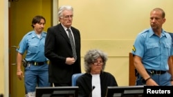 FILE - Bosnian Serb wartime leader Radovan Karadzic appears in the courtroom for his appeals judgement at the International Criminal Tribunal for the Former Yugoslavia at The Hague, July 11, 2013.
