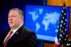 Secretary of State Mike Pompeo speaks at a news conference at the State Department, April 29, 2020, in Washington.