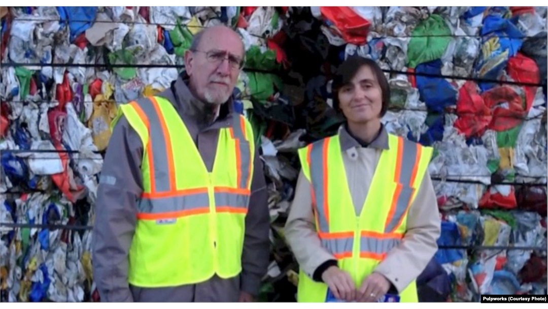 Paul Tasner and Elena Olivari make a pitch to investors standing in front of a mountain of plastic trash