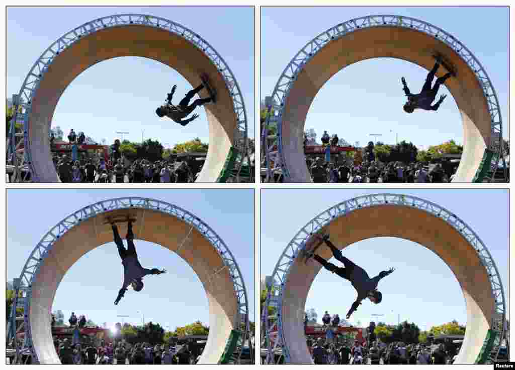 A combination of four pictures shows skateboarder Aaron 'Jaws' Homoki of Phoenix, Arizona managing to stay on his board as he completes his attempt to ride a 15-foot (4.6-metre) high skateboard loop in Vista, California, Oct. 20, 2013. 
