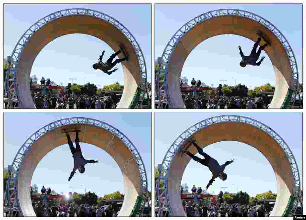 A combination of four pictures shows skateboarder Aaron 'Jaws' Homoki of Phoenix, Arizona managing to stay on his board as he completes his attempt to ride a 15-foot (4.6-metre) high skateboard loop in Vista, California, Oct. 20, 2013.