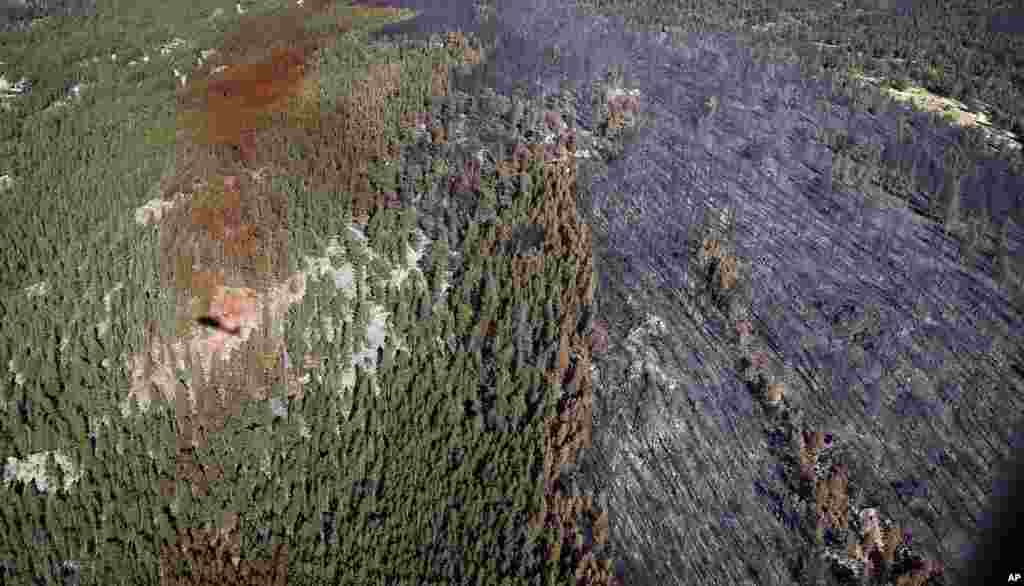 Foto udara kerusakan hutan akibat bencana kebakaran, terlihat dari atas helikopter di kota Nederland, Colorado, AS.