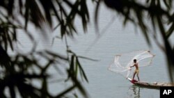 住在湄公河边的一位柬埔寨渔民在金边郊外撒网