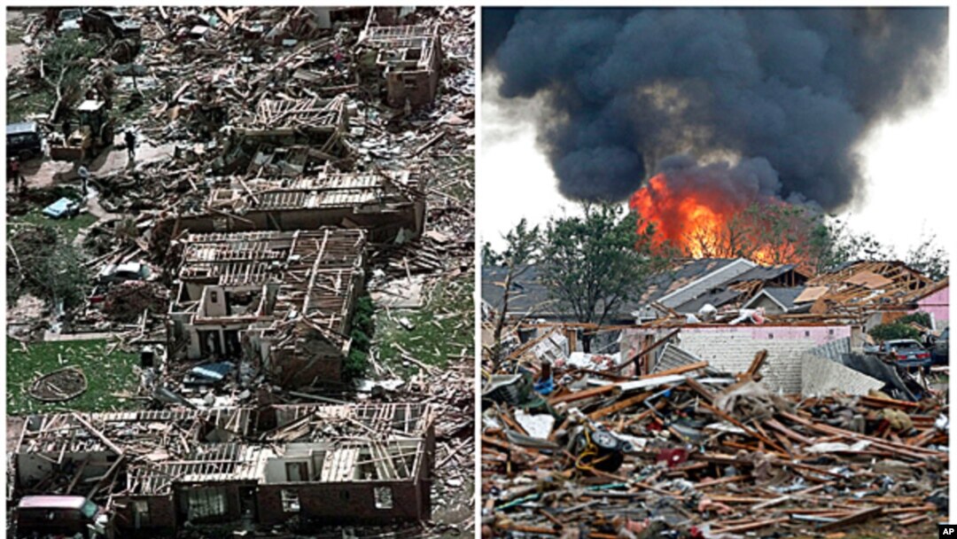 This combination of AP photos shows left: a neighborhood in Moore, Oklahoma in ruins, May 4, 1999, after a tornado flattened many houses and buildings in central Oklahoma, and right: flattened houses in Moore on Monday, May 20, 2013.