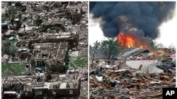 This combination of AP photos shows left: a neighborhood in Moore, Oklahoma in ruins, May 4, 1999, after a tornado flattened many houses and buildings in central Oklahoma, and right: flattened houses in Moore on Monday, May 20, 2013.