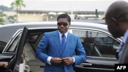 FILE -This file photo taken on June 24, 2013 shows Teodorin Obiang Nguema, the son of Equatorial Guinea's president, arriving at Malabo stadium for ceremonies to celebrate his 41st birthday.