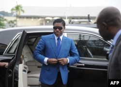 FILE -This file photo taken on June 24, 2013 shows Teodorin Obiang Nguema, the son of Equatorial Guinea's president, arriving at Malabo stadium for ceremonies to celebrate his 41st birthday.