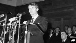 FILE - U.S. Senator Robert Kennedy addresses students at Cape Town University, in Cape Town, South Africa, June 6, 1966.