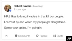 This image shows a portion of an archived webpage from the social media website Gab, with a Saturday, Oct. 27, 2018 posting by Pittsburgh synagogue shooting suspect Robert Bowers. (AP Photo)