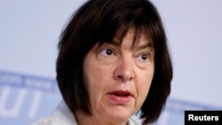FILE - Rebecca Harms, co-president of the Greens-European Free Alliance group in the European Parliament, answers a question at a briefing in Kyiv, Ukraine.