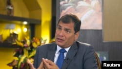 Ecuador's President Rafael Correa gestures during an interview with Reuters in Portoviejo Jun. 30, 2013.