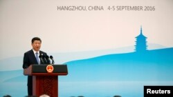 中國領導人習近平在杭州舉行的G20峰會閉幕後的記者會上講話。（2016年9月5日）
