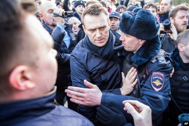 In this photo provided by Evgeny Feldman, Alexei Navalny is detained by police in downtown Moscow, Russia, March 26, 2017.