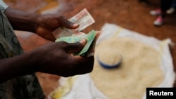 A Malawian trader counts money as he sells maize near the capital Lilongwe, Malawi, Feb. 1, 2016. 