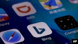 Microsoft Corp.'s Bing app is seen with other mobile apps on a smartphone in Beijing, Jan. 24, 2019. Chinese internet users lost access to Microsoft Corp.'s Bing search engine, triggering grumbling about online censorship.
