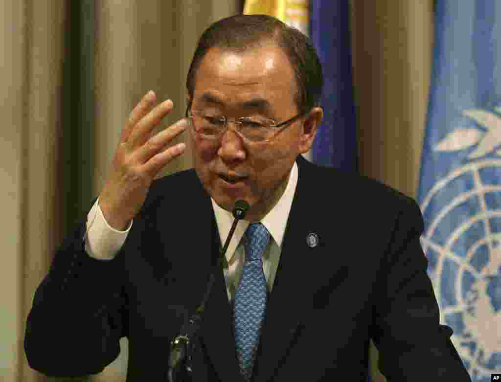 United Nations Secretary-General Ban Ki-moon gestures during a press conference in the Philippines on Sunday Dec. 22, 2013, at which he expressed grave concern about the deteriorating security situation in South Sudan. 
