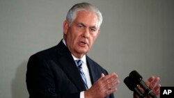 Secretary of State Rex Tillerson speaks at a press briefing during the United Nations General Assembly, Sept. 20, 2017, in New York. Tillerson attended the highest-level meeting between U.S. and Iranian officials since the start of the Trump administration.