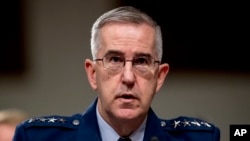 Gen. John Hyten, commander of the U.S. Strategic Command, testifies before a Senate Armed Services Committee hearing on Capitol Hill in Washington, April 11, 2019, on the proposed Space Force.