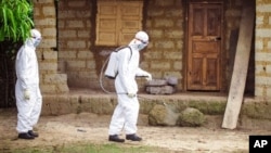 Des agents de la santé pulvérisent du désinfectant dans une parcelle dont un des habitants est suspecté d'être atteint du virus Ebola, à Freetown, Sierra Leone.