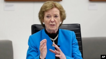 FILE - Former President of Ireland and former High Commissioner for Human Rights Mary Robinson speaks during a meeting at Associated Press headquarters, in New York, May 8, 2017. 