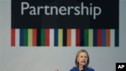 Secretary of State Hillary Rodham Clinton speaks during the annual Open Government Partnership conference in Brasilia, Brazil, Tuesday April 17, 2012. Clinton is on a two-day visit to Brazil. (AP Photo/Eraldo Peres)