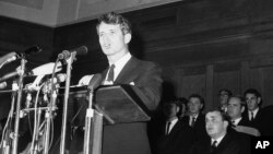 FILE - In this June 6, 1966, file photo, U.S. Senator Robert F. Kennedy, addresses students at Cape Town University, South Africa. In 1966 Kennedy traveled to apartheid South Africa to speak about equality and the rule of law.