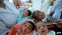 지난해 7월 세계 인구의 날에 인도 구와하티의 병원에서 간호사들이 신생아들을 안고 있다.