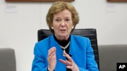 FILE - Former President of Ireland and former High Commissioner for Human Rights Mary Robinson speaks during a meeting at Associated Press headquarters, in New York, May 8, 2017. 