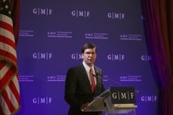 U.S. Secretary for Defense Mark Esper speaks during an event at the Concert Noble in Brussels, Belgium, Oct. 24, 2019.