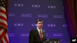 U.S. Secretary for Defense Mark Esper speaks during an event at the Concert Noble in Brussels, Belgium, Oct. 24, 2019.