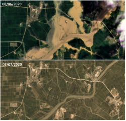 북한의 곡창지대로 알려진 황해남도 숙천군 일대의 지난 6일 위성사진(위). 지난달 7일 사진과 비교하면 폭우 피해로 곳곳이 물에 잠긴 것을 알 수 있다. 자료=Planet Labs