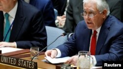 FILE - U.S. Secretary of State Rex Tillerson speaks during the United Nations Security Council meeting on North Korea's nuclear program at U.N. headquarters in New York, Dec. 15, 2017. 