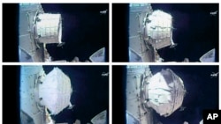 This combination of images provided by NASA shows the inflation of a new experimental room at the International Space Station, May 28, 2016. 