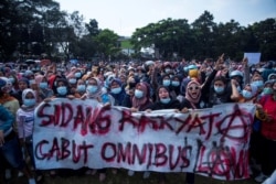 Protest against the government's proposed labor reforms in Sukabumi, West Java, Oct. 7, 2020.