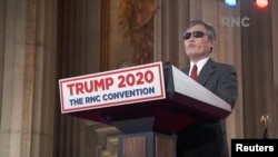 FILE - Chen Guangcheng, a blind Chinese dissident and human rights activist who was granted asylum in the U.S., speaks during the 2020 Republican National Convention broadcast from Washington, Aug. 26, 2020.