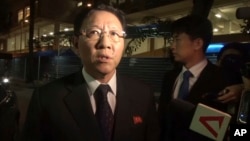 In this image made from video, North Korean Ambassador to Malaysia Kang Chol speaks to the media gathered outside the morgue in Kuala Lumpur, Malaysia, Feb. 17, 2017. 