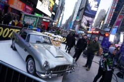 An Aston Martin DB5 is pictured during a promotional appearance on TV in Times Square for the new James Bond movie "No Time to Die" in the Manhattan borough of New York City, New York, U.S., December 4, 2019. REUTERS/Carlo Allegri