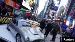 An Aston Martin DB5 is pictured during a promotional appearance on TV in Times Square for the new James Bond movie "No Time to Die" in the Manhattan borough of New York City, New York, Dec. 4, 2019. 