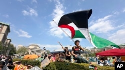 FILE - A demonstrator waves a flag on the Columbia University campus at a pro-Palestinian protest encampment, in New York, April 29, 2024.