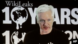 WikiLeaks founder Julian Assange participates via video link at a news conference marking the 10th anniversary of the secrecy-spilling group in Berlin, Germany, Oct. 4, 2016. 