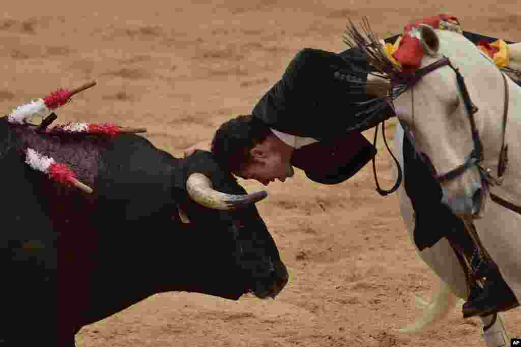 Bullfighter Leonardo Hernandez leans to touch a bull&#39;s head with his own during a bullfight on horseback at the San Fermin Fiestas in Pamplona, Spain.