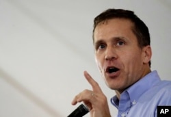 Missouri Governor Eric Greitens addresses a crowd at the Missouri State Fair in Sedalia, Mo., Aug. 17, 2017.