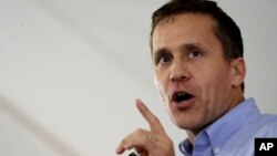 Missouri Governor Eric Greitens addresses a crowd at the Missouri State Fair in Sedalia, Mo., Aug. 17, 2017.