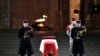 TOPSHOT - French army soldiers stand by the coffin of Missak Manouchian, a hero of the French Resistance in World War II of Armenian origin who was executed by occupying Nazi forces in 1944, during a ceremony at the Mont Valerien in Suresnes, west of Paris, on February 20, 2024.