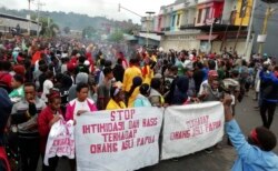 Para pengunjuk rasa membawa spanduk-spanduk bertuliskan “Stop intimidasi dan rasismen terhadap orang Asli Papua” dalam unjuk rasa di Manokwari, Provinsi Papua, 19 Agustus 2019.