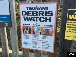 Signs at Oregon beach entrances advise beachcombers to be on lookout for tsunami debris. (T. Banse/VOA)