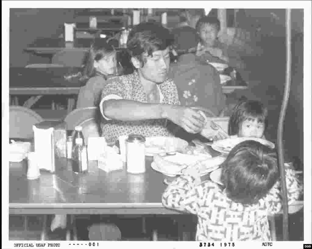 Photo of refugees at the Vietnamese Refugee Processing Center at Eglin Air Force Base in 1975.