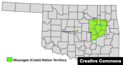Map of Muscogee (Creek) Nation within the state of Oklahoma. Three of the state's largest cities, including capital Tulsa, lie partially or wholly within those boundaries.