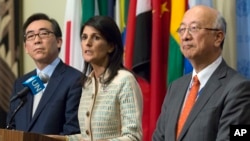 U.S. Ambassador to the United Nations Nikki Haley, Japanese Ambassador Koro Bessho, right, and Korean Ambassador Cho Tae-yul speak to reporters before a Security Council meeting on the situation in North Korea at United Nations headquarters, May 16, 2017.